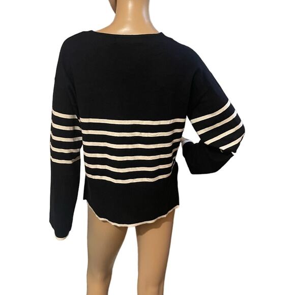 VERO MODA HAPPINESS STRIPE V-NECK PULLOVER SWEATER MEDIUM BLACK WITH BIRCH NWT - Picture 5 of 12